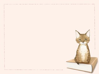 色鉛筆で描いた本の上にお座りしている仔猫のイラストが可愛いフレーム背景