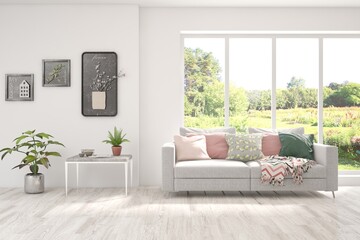 Minimalist living room in white color with sofa and summer landscape in window. Scandinavian interior design. 3D illustration