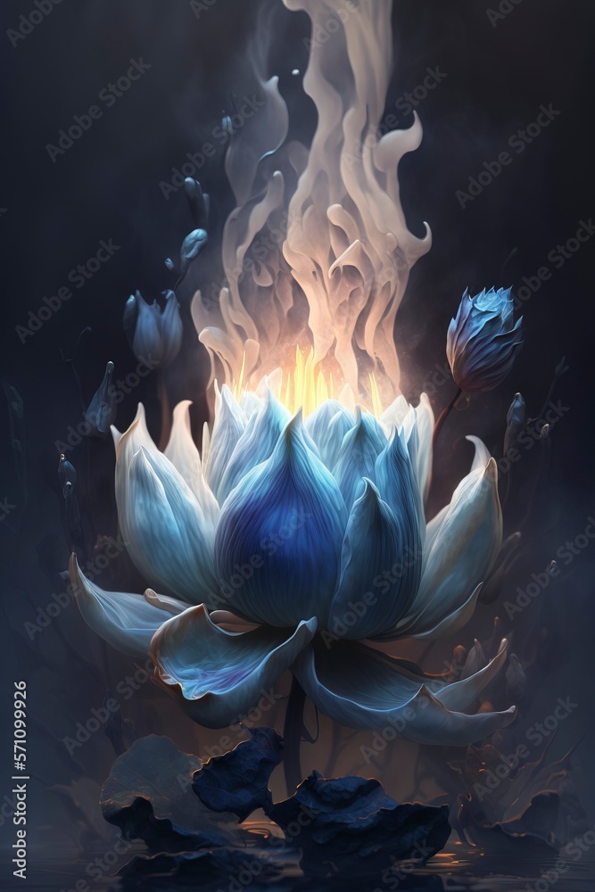 Poster blue and white lotus blooms in flames, lightning with generative ai