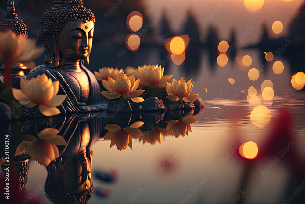 Wall mural Full Buddha statue on the water with lotuses, generative AI