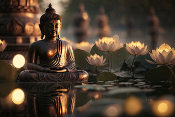 Full Buddha statue on the water with lotuses, generative AI