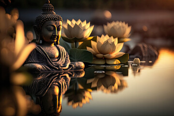 Full Buddha statue on the water with lotuses, generative AI