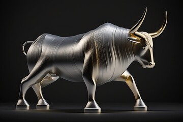 AI-generated illustration of a sculpture of a bull, made of precious metals. MidJourney.