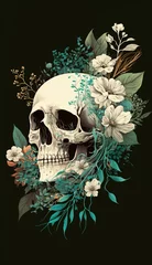 Door stickers Aquarel Skull watercolor skull flower with Generative AI