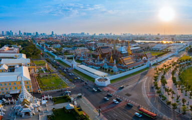 Aerial view of the Temple of the Emerald Buddha grand palace, most famous landmark of Bangkok, Thailand