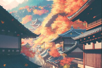 Fototapeta premium 秋 紅葉 日本 京都 神社 自然 風景 イラスト 観光地, generative ai