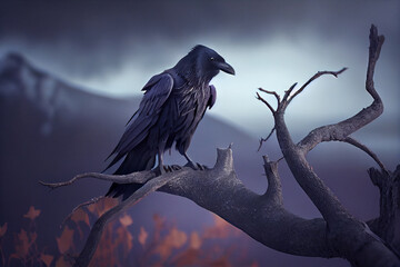 Illustration of a black raven in a dark forest. Generative AI.
