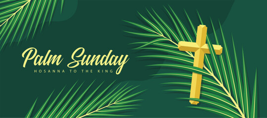 Palm sunday - Gold cross crucifix on green palm leaves on dark green background vector design © ananaline
