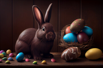 Fototapeta na wymiar Illustration of a chocolate easter bunny with easter egg treats. Generative AI.