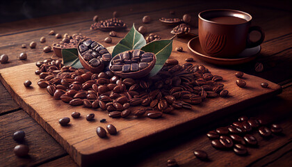 Illustration fo coffee beans on a brown wooden background. Generative AI.