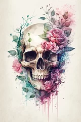 Poster Crâne aquarelle watercolor skull flower with Generative AI