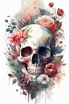 watercolor skull flower with Generative AI
