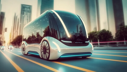 Autonomous Car. Future, futuristic. Public Transportation. Sustainable City. Urban Mobility. Generative AI.