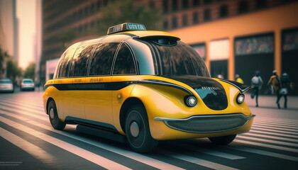 Fototapeta premium Autonomous Taxi Cab Car. Future City Taxi. Futuristic Yellow Car. Public Transportation. Sustainable City. Urban Mobility. Generative AI.
