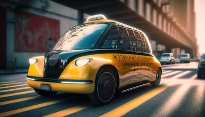 Fototapeta na wymiar Autonomous Taxi Cab Car. Future City Taxi. Futuristic Yellow Car. Public Transportation. Sustainable City. Urban Mobility. Generative AI.