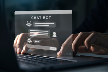 Chat with AI or Artificial Intelligence technology, Hand of businessman chatting with smart AI or artificial intelligence, Automate chatbot.