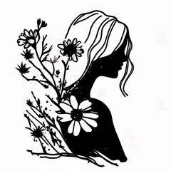 black and white Woman silhouette line with daisy flowers Generative AI
