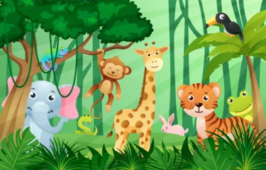  Wildlife animals in jungle scene . Kids style . Vector . © stockdevil