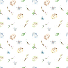 Watercolor seamless pattern with Easter eggs for textures, quail eggs, spring greens, flowers on a white background