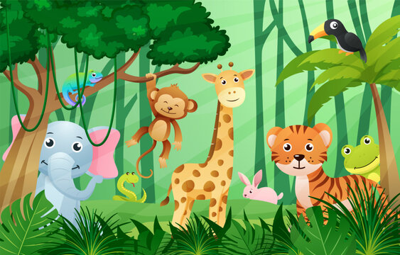 Wildlife animals in jungle scene . Kids style . Vector .