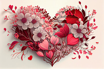 flowers and hearts, red and pink, white background
