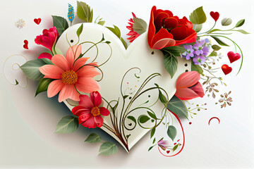 flowers and hearts, white background