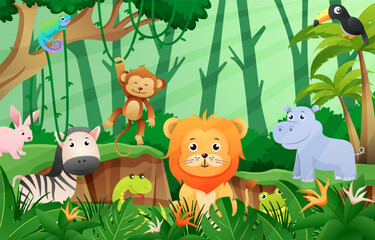 Obraz na płótnie Canvas Wildlife animals in jungle scene . Kids style . Vector .