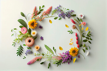 Flowers composition. Wreath made of various colorful flowers on white background