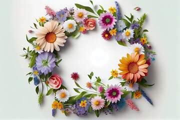 Flowers composition. Wreath made of various colorful flowers on white background
