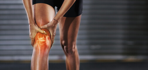 Knee injury, red muscle and man exercise with medical pain, body strain and sports emergency. Legs, wound and fitness accident from workout, arthritis and skeleton anatomy for orthopedic first aid - obrazy, fototapety, plakaty
