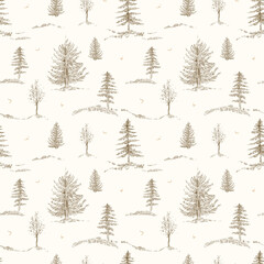 Graphic hand drawn scandinavian forest seamless pattern. Woodland plants, conifers trees pine, spruce, fir on beige background. Vintage style engraving. Sepia. Nature wallpaper for children's room.