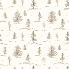 Graphic hand drawn scandinavian forest seamless pattern. Woodland plants, conifers trees pine, spruce, fir on beige background. Vintage style engraving. Sepia. Nature wallpaper for children's room.
