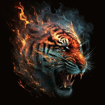 Tiger roar red fire and smoke background. Generative AI Stock Illustration