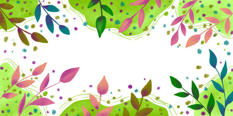 Watercolor background for postcards, congratulations or invitations. Colorful watercolor leaves and spots.