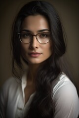 Attractive Young woman using eyeglasses wearing a white shirt looking at the camera. Generative AI - obrazy, fototapety, plakaty