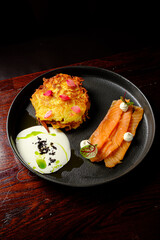 potato pancakes with salmon and sour cream