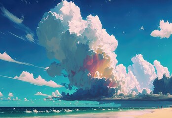 Obraz na płótnie Canvas Sandy shore beach with rain clouds on the horizon slowly engulfing the late afternoon summer day blue sky, breathtaking ocean seascape vista - generative AI illustration.