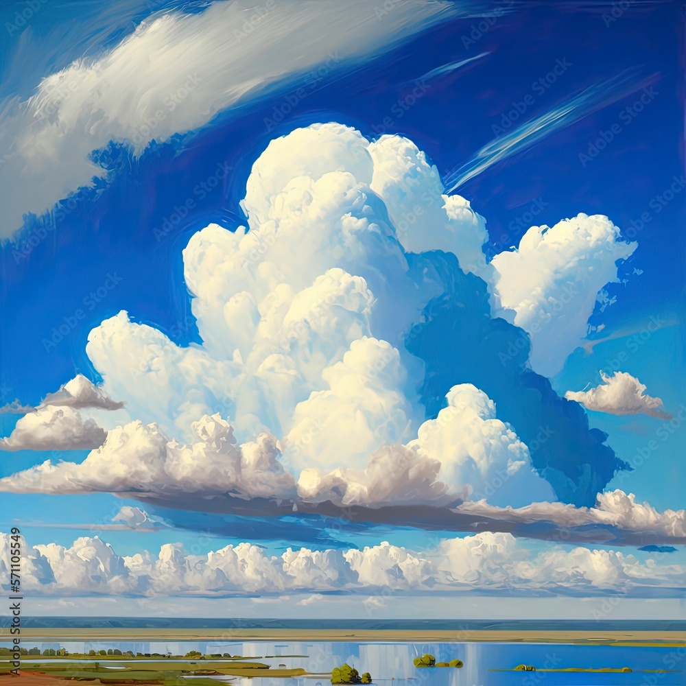 Wall mural blue sky with distant fluffy clouds with generative ai