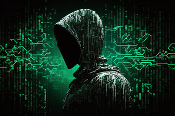 Concept of a security breach or system attack. The hacker with a hoodie in cyberspace made with Generative AI