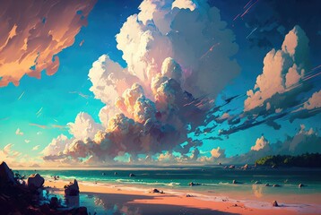 Sandy shore beach with rain clouds on the horizon slowly engulfing the late afternoon summer day blue sky, breathtaking ocean seascape vista - generative AI illustration.