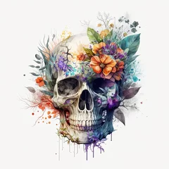 Stof per meter Aquarel doodshoofd watercolor skull flower with Generative AI