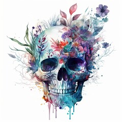 watercolor skull flower with Generative AI