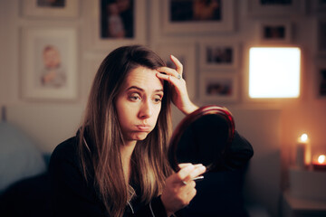 Woman Checking Forehead Wrinkles Worried About Skin Aging . Stressed lady checking her fine lines and expression wrinkles
