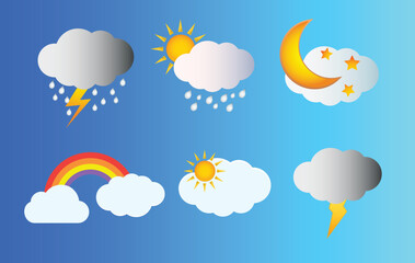weather icons set, sun, cloud, moon, star, rain, thunder, rainbow