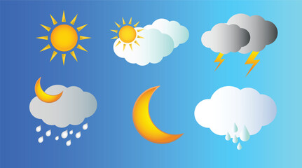 weather icons set, sun, cloud, moon, star, rain, snowflake, thunder