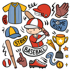 Doodle Style Cartoon Baseball Player and Equipment  - obrazy, fototapety, plakaty