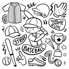 Doodle Style Cartoon Baseball Player and Equipment 