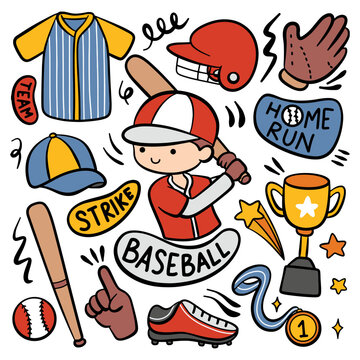Doodle Style Cartoon Baseball Player and Equipment 