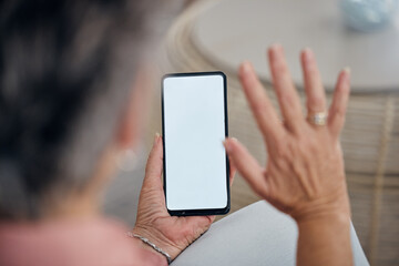 Woman, phone and video call on mockup screen, online virtual communication or social networking connection. Hands wave hello on mobile mock up with technology, digital voip and smartphone media space