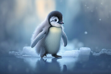 Cute baby penguin on ice, Generative AI